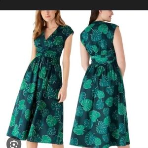 Kate Spade Teal and Green Leaf Midi Dress